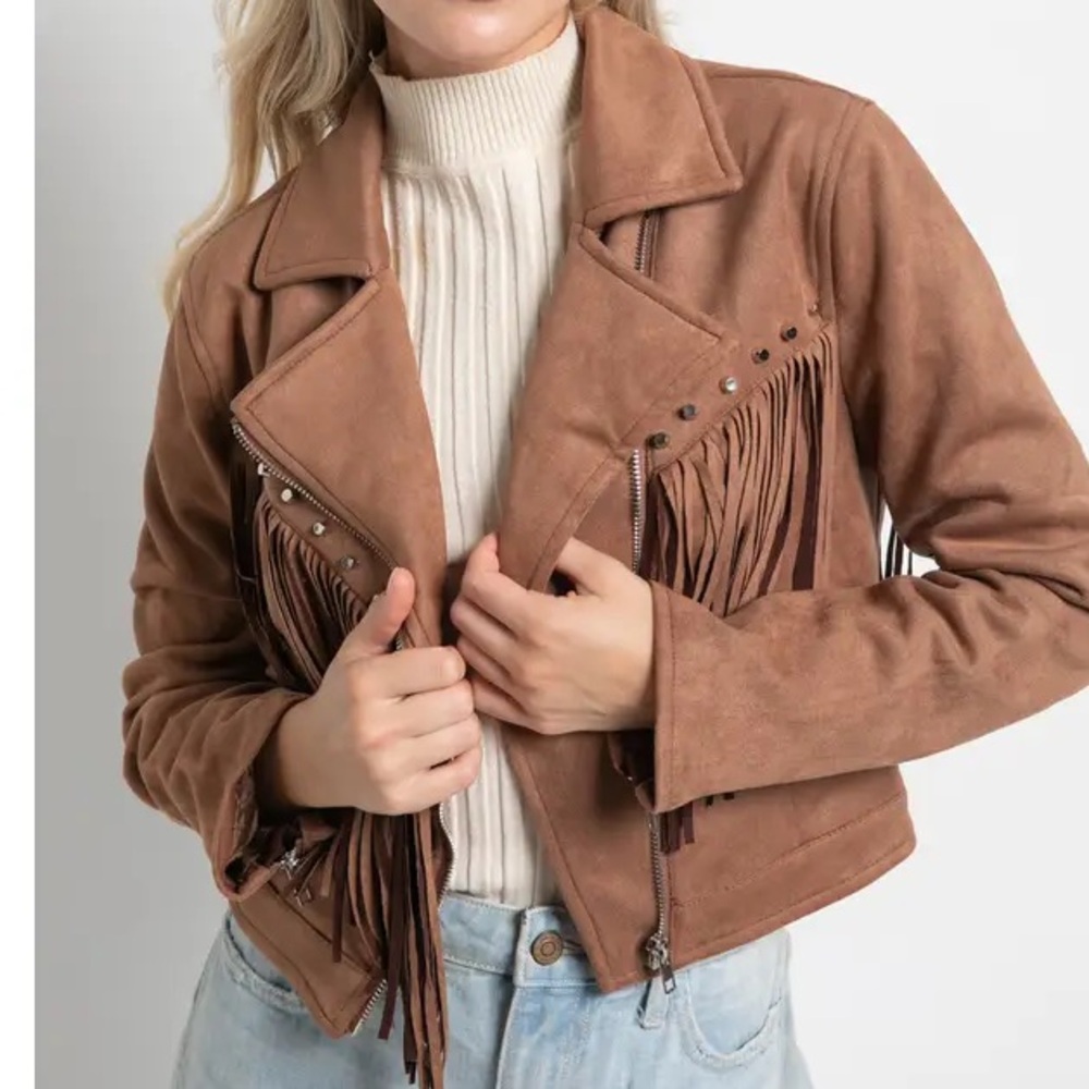 Blue B Collection Fringe Studded Faux Suede Moto Jacket Large NWT